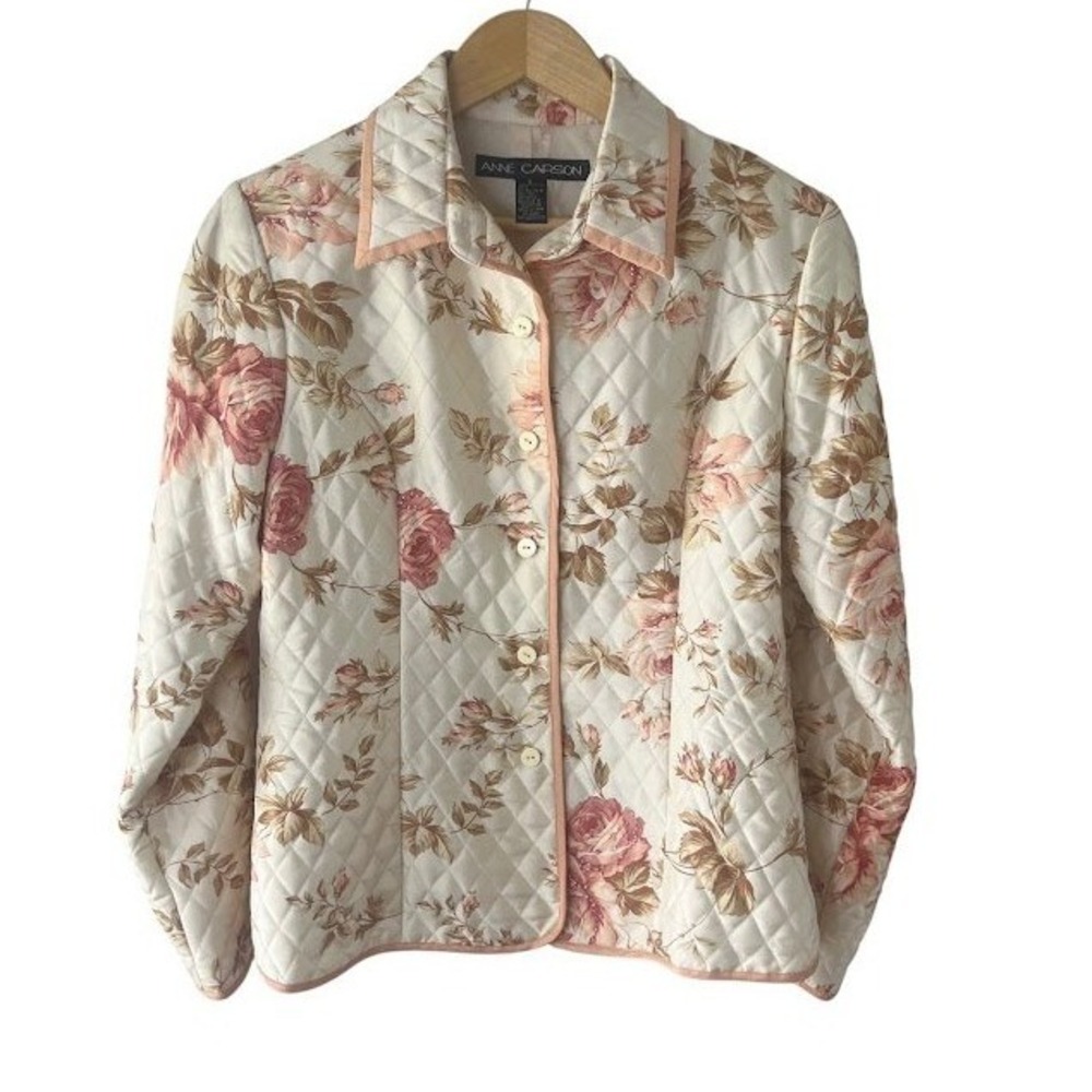 Anne Carson 100% Silk Quilted Floral Jacket Womens L Cottagecore Grandmillennial